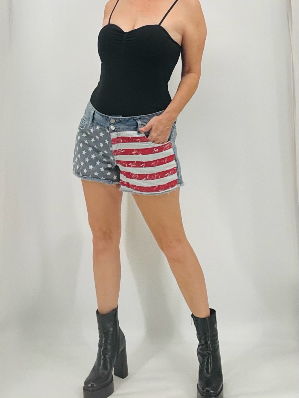 Refuge Americana Festival Stars and Stripes Patriotic American Flag Denim Shorts
